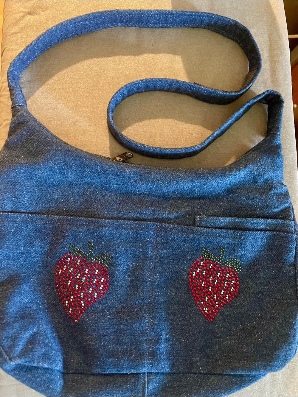 Rita's handmade Denim Blue Shoulder Bag with Red Strawberry Embellishments